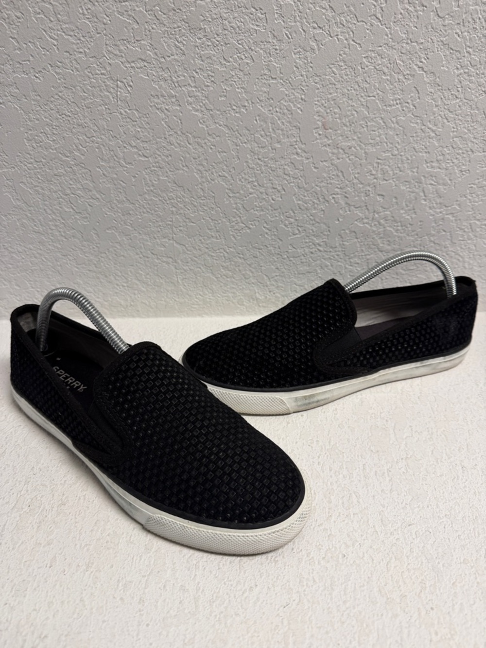 Sperry Suede Leather Black Slip-On Knit Loafers with White Sole W 10